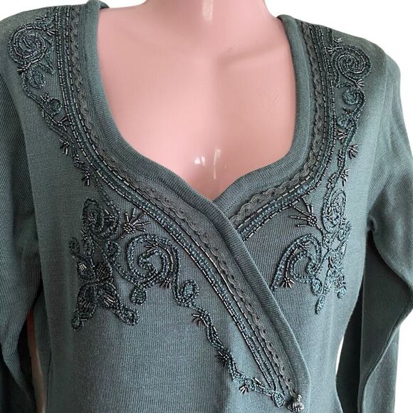 Vintage Carole Little Maxi Dress Womens Medium Green Beaded Sweater Knit Bodycon - Picture 4 of 6